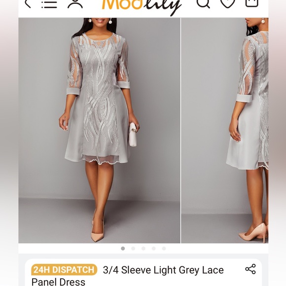 Modlily 3/4 Sleeve Light Grey Lace Panel Dress, size Large - Picture 2 of 12